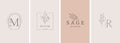 Elegant, botanique logo collection, hand drawn illustrations of flowers, leaves and twig, delicate and minimal monogram