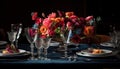 Elegant bouquet adorns table at luxury banquet, celebrating romance generated by AI