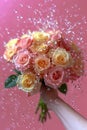 Elegant Bouquet of Pink and Cream Roses with Water Droplets on Pastel Pink Background Fresh Flowers Concept