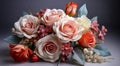Elegant Bouquet Of Roses In Shades Of Cream, Pink, And Coral, Complemented By Delicate White Blooms