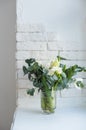 Elegant bouquet of white freesias, tulips and hyacinth, beautiful bouquet of flowers