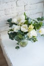 Elegant bouquet of white freesias, tulips and hyacinth, beautiful bouquet of flowers