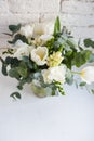 Elegant bouquet of white freesias, tulips and hyacinth, beautiful bouquet of flowers