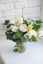 Elegant bouquet of white freesias, tulips and hyacinth, beautiful bouquet of flowers