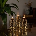 Elegant brass candlesticks with arabic calligraphy Royalty Free Stock Photo