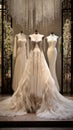 An elegant bridal boutique with a 3D lace wall pattern, showcasing beautiful