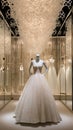 An elegant bridal boutique with a 3D lace wall pattern,