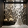 An elegant bridal boutique with a 3D lace wall texture