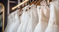 Elegant Bridal Dresses on Display in Boutique: Luxury Wedding Fashion. Generative ai