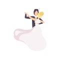 Elegant bride and groom dancing waltz, couple of newlyweds at wedding ceremony vector Illustration on a white background Royalty Free Stock Photo