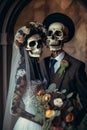 Elegant bride and groom skeletons on the wedding day. AI genarated