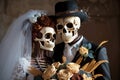 Elegant bride and groom skeletons on the wedding day. AI genarated