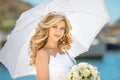 Elegant bride outdoor wedding portrait. Beautiful fiancee woman