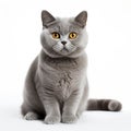 Elegant British cat poses on a pristine white background, showcasing its regal charm and fluffy fur