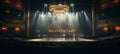 Elegant broadway stage with grand curtain, sparkling chandeliers, and blurred bokeh effect