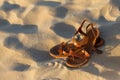 Elegant brown women`s sandals on the sand Royalty Free Stock Photo