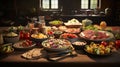 Elegant buffet table with assorted catered foods for event at hotel or restaurant