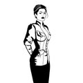 Elegant business woman in military style jacket isolated black and white sketch vector illustrtion. Royalty Free Stock Photo