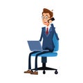 Elegant businessman calling with smartphone using laptop seated in chair