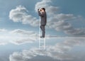 Elegant businessman standing on ladder with binoculars