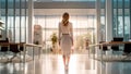 Elegant businesswoman walks office, determination and leadership. Generative AI