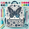 Elegant butterfly-themed backpack with intricate black and white artistic patterns Royalty Free Stock Photo