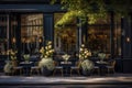 Elegant cafe facade with blooming flowers and inviting outdoor seating. Royalty Free Stock Photo