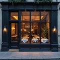 Elegant cafe restaurant facade with large windows. Warm interior lighting illuminates tables set for diners. Classic architecture Royalty Free Stock Photo