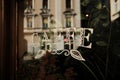 Elegant Caffe sign on a glass window with plant reflection and soft daylight. Royalty Free Stock Photo