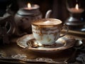 Elegant cafe au lait in gold-rimmed porcelain cup - generative AI