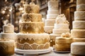 An elegant cake shop display showcasing a tiered, gold-frosted Christmas cake