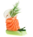 Elegant canape with salmon roll, celery, dill twig Royalty Free Stock Photo