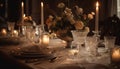 Elegant candlelit banquet table with ornate silverware and crystal glassware generated by AI