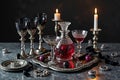 Elegant candlelit table setting with crystal glasses and decanter featuring candles Royalty Free Stock Photo