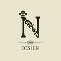 Elegant Capital letter N. Graceful royal style. Calligraphic beautiful logo. Vintage floral drawn emblem for book design, brand