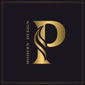 Elegant Capital letter P. Graceful Royal Style. Calligraphic Beautiful Logo. Vintage Gold Drawn Emblem for Book Design, Brand Name