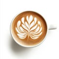 An elegant cappuccino with latte art showcases a delicate flower pattern on a white surface. Royalty Free Stock Photo
