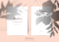 Elegant cards mockup with floral overlay shadows. Editable empty stationery card vector scene with flowers background