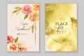 Elegant cards in pink, yellow,white, beige, green golden colors. Watercolor spots, roses, flowers, splatters. Royalty Free Stock Photo