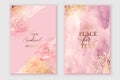 Elegant cards in pink, yellow,white, violet golden colors. Watercolor spots, roses, flowers, splatters.