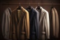 Elegant Cashmere Suit Jackets on Wooden Hangers. dorned with subtle patterns and available in various shades. Generative AI Royalty Free Stock Photo