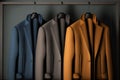 Elegant Cashmere Suit Jackets on Wooden Hangers. dorned with subtle patterns and available in various shades. Generative AI Royalty Free Stock Photo