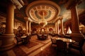 elegant casino with marble columns, chandeliers, and plush seating