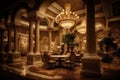 elegant casino with marble columns, chandeliers, and plush seating