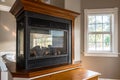 Elegant cast iron modern fireplace in master bedroom suite bathroom Royalty Free Stock Photo