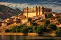 An elegant castle graces the peak of a hill in the presence of a tranquil body of water, View of Amber Fort in Jaipur, India, AI