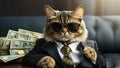 a elegant cat in a suit and sunglasses background money, looking heck in cool and styles