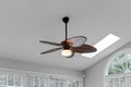 Woven Elegant Ceiling Fan Light Fixture in Sunroom Interior with White Ceiling and Arch Window Royalty Free Stock Photo