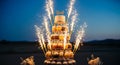 Elegant Celebration Cake Display with Sparkling Fireworks at Dusk for Special Events Royalty Free Stock Photo