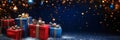 Elegant Celebration Night with Assorted Gift Boxes and Festive Glowing Lights Bokeh Background. Royalty Free Stock Photo